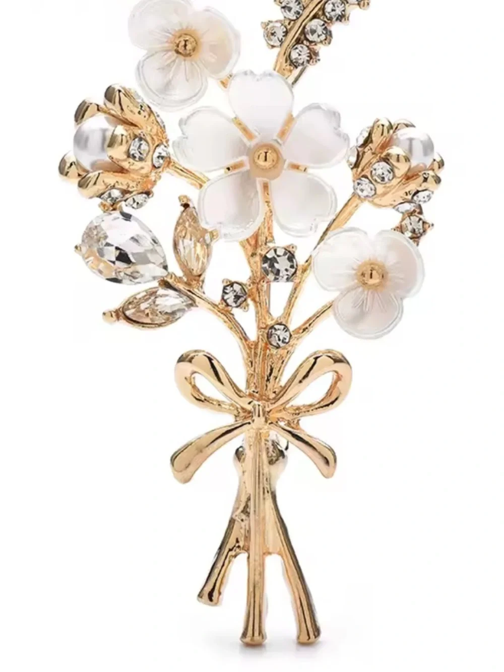Gold Bouquet White Flower Crystal Brooch